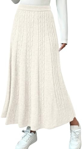 seiveini Jupe Longue Femme Élégante Taille Élastqiue Jupes Hiver en Tricot à Torsadée A-Ligne Couleur Unie A Abricot Taille Unique