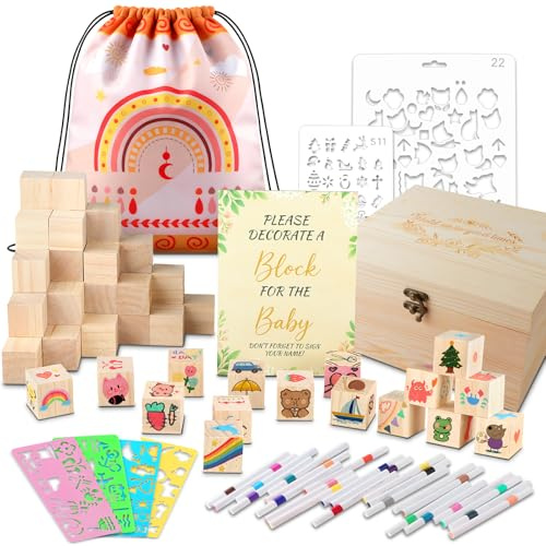 DXLing 93 Stück Babyparty Spiele Bausatz für Junge und Mädchen | 60 Holzwürfeln zum Bemalen + 24 Acrylstiften + 6 Schablonen + Gelb Holzschild + Holzbox Babyshowerparty Spiele Aktivitäten