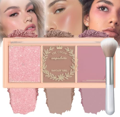 3-in-1 Blush Highlighter & Face Powder Palette – Matte & Glow Cheek Makeup with Buildable Colour – Long-Lasting Travel-Friendly Powder & Cream Blusher Kit for Natural Skin Finish (Fruit Tea Blush)