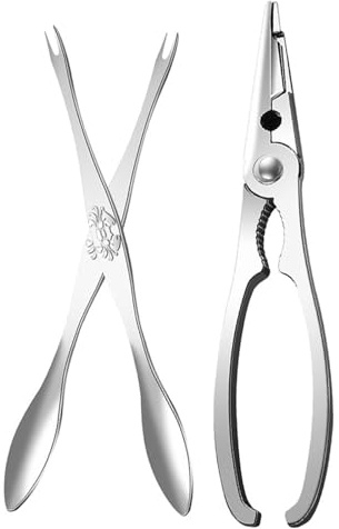 Kit de Herramientas Acero Inoxidable 3 Piezas para Comer Cangrejos | Pinzas y Galletas para Abrir Patas, Tenedor Incluido, Diseño Antideslizante Ergonómico, Color Plata