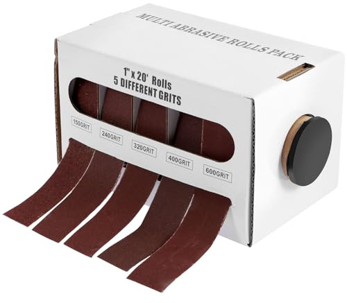 JUNFEIFLUX Schleifpapier Rolle mit Spenderbox für Holz & Metall (1) | Schmirgelpapier-Set in 5 Körnungen (150-600). Jede Schleifband-Rolle misst 25 mm x 6 m. Ideal für Heimwerker und DIY-Projekte