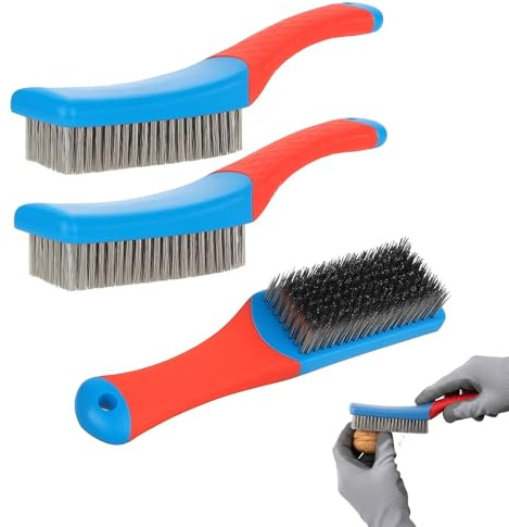 3 Pcs Stainless Steel Wire Brushes Set, Heavy Duty Reinforced Metal Hard Cleaner Bristle Cleaning Wire Scratch Scrubbing Brushes with Handle for BBQ Grill Kitchen Industrial Rust Paint Removal