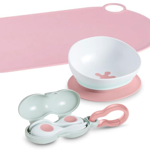 doddl Baby First Feeding Set (6–12 Months) – Baby Cutlery + 2-in-1 Suction & Non-Slip Bowl, BLW Weaning Starter Kit (Cutlery + Placemat + Bowl (Dusky Rose))