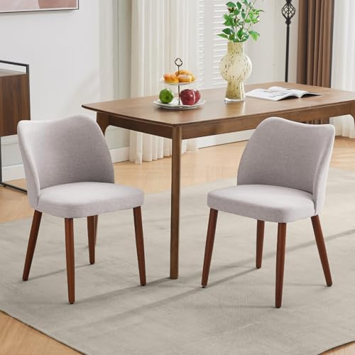 GarveeLife Dining Chair Set of 2, Linen Upholstered Dining Chair with Wood Legs, Wing Backrest, Wooden Kitchen Chair, Kitchen Chairs with Thick Cushions for Dining Room, Living Room,Light Grey..
