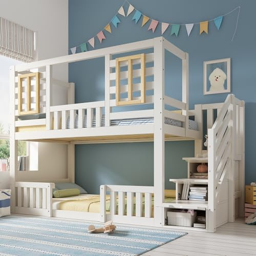 SURUEO Bunk Beds for Kids, Wooden Cabin Bed with Staircase Storage, Multi-functional Tree-house Bed, Children's House Bed, Twin Sleeper (90+90) x 190 cm, Solid Wood, White
