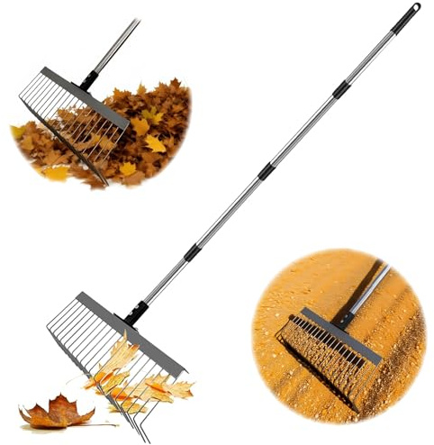 Râteau à feuilles de jardin réglable de 53 à 160 cm, en métal, avec 21 dents, manche télescopique ergonomique, tête de calcul de 40 cm de large, râteau à feuilles pour jardin, pelouse, parterres de