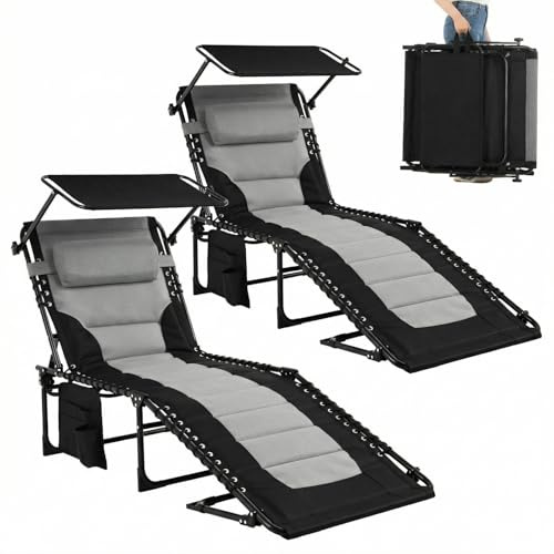 LIFERUN Sonnenliege Klappbar,mit Dach,2er Set,5-Fach Verstellbar,für Balkon | Stahl, Oxford-Gewebe, Polyester,Gartenliege bis 150 kg, 200x 68x 35cm,Grau-schwarz,tragbarfaltbar für Balkon, Camping, Pool