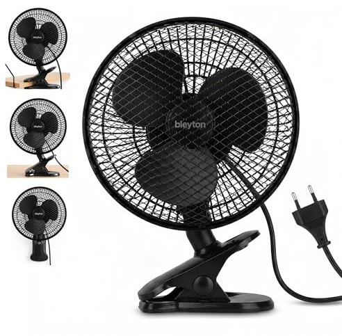BLEYTON Ventilatore da scrivania, a clip, da parete e da tavolo, 20 W, nero, mini ventilatore elettrico a clip, potente e silenzioso, 2 velocità, oscillazione a 180°, diametro 20 cm, piccolo