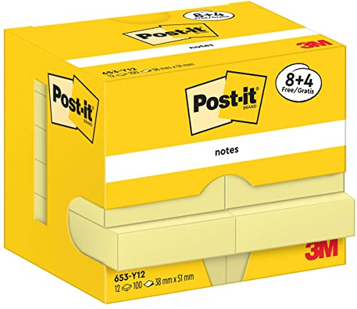 Post-it Notizen Kanariengelb, Packung mit 12 Blöcken, 100 Blatt pro Block, 51 mm x 38 mm, Farbe: Gelb - Selbstklebende Notizzettel für Notizen, To-Do-Listen und Erinnerungen