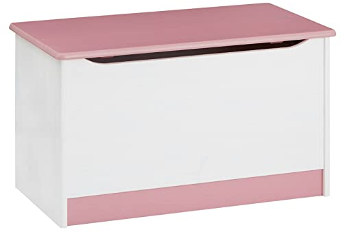 IDIMEX Spielzeugtruhe Hannah, praktische Aufbewahrungsbox aus massiver Kiefer in weiß/rosa, schöne Spielzeugkiste mit Klemmschutz
