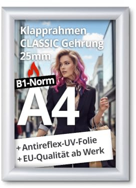 net-xpress® A4 Brandschutzrahmen | Klapprahmen Brandschutz A4 | Plakatrahmen B1 Norm nach DIN 4102 schwer entflammbar | 25 mm silber | mit Antireflex-Folie, Schrauben & Dübel | Hoch- & Querformat