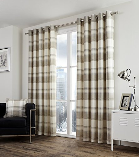 Fusion - Balmoral Check - 100 Percent Cotton Pair of Eyelet Curtains in Natural- 46 Width x 72 Drop (117 x 183 cm), Nautral