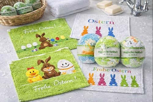 KAMACA 6er Set Zauberhandtücher Osterei aus 100% Baumwolle – Magische Handtücher in echter 3D-Eiform gepresst – Entfaltet 30x30 cm – Kleine Ostergeschenke & Mitgebsel für Kinder