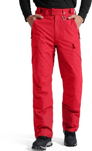 FREE SOLDIER Men's Waterproof Snow Insulated Pants Winter Skiing Snowboarding Pants with Zipper Pockets (Red Medium(34-36)/32L)