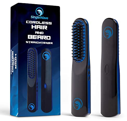 SingleWave Beard Straightener, Cordless Beard and Hair Straightening Comb with USB C Charging Cable, Rechargeable, Portable, and Durable Grooming Accessory for Men (Black and Blue)