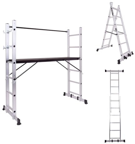 BOUDECH RIG 100 – Impalcatura Multifunzione Trabattello 3 in 1 H165,5 cm Scala Ponteggio da Lavoro con Ruote in Alluminio Portata max 150 Kg
