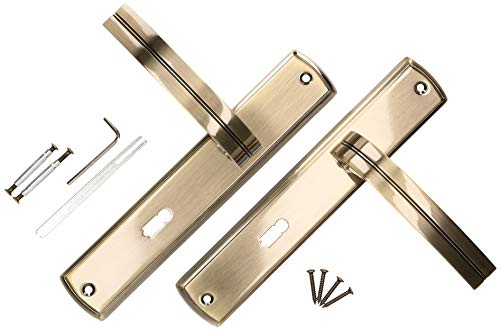 KOTARBAU® Juego de manillas para puerta, Manilla con bocallave en Zamak 90 mm, Manijas de puerta de placa rectangular larga, Manetas interior y exterior, Picaportes acabado cuero, Oro viejo