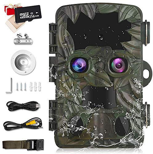 Caméra de Chasse à Double Objectif avec Starlight Vision Nocturne 4K 20MP 0.2s Vitesse de Déclenchement 2.4 LCD Écran IP66 Étanche Grand Angle 120° Caméra de Jeu de la Faune avec Carte SD,256G