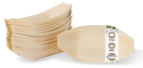 BIOZOYG 500 Stück Buffet Zubehör Snackschalen Holz 17 cm - Alternative für Bambus Teller Einweg naturbelassen - Einweggeschirr modern - Catering-Zubehör Holzschalen