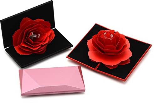 Romantic Rose Flower Ring Box Love Heart Ring Box with Rose Flower Creative Proposal Ring Storage Box Rotating Rose Flower Ring Box Valentines Day Ring Box Engagement Gifts Wedding Ring Box