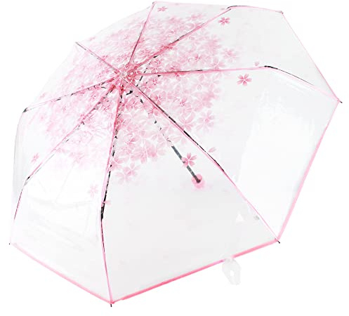 Milya Taschenschirm Durchsichtig Ultra-Leicht Manual Regenschirm Transparent Kirschblüte Blumemuster Faltbar Tragbar, Rosa