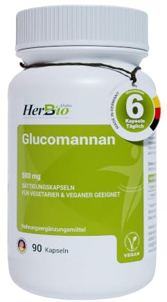 HerbBio Glucomannan 500 mg, 90 vegane Kapseln, Konjakwurzel | Konjak-Ballaststoff, 3.000 mg Tagesdosis, ohne Zusatzstoffe, laborgeprüft, Made in Germany