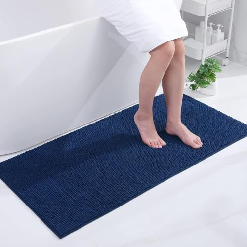Homaxy Chenille Badrumsmatta, halkfri, tvättbar badmatta, mjuk badmatta, absorberande duschmatta för badrum – 60 x 120 cm, marinblå