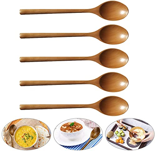 5 Pièces Cuillère à mélanger en bois à long manche, Cuillere en Bois de Cuisine, Cuillère en Wood, Cuillère à Soupe Wood, pour Thé Miel Café Confiture Cuisson Mélanger