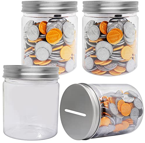 Mczcent 4-Pack Small Clear Plastic Transparent Coin Tips Piggy Banks (16oz), Silver Slotted Lids, for Adults, Teens, Kids & Girls Boys