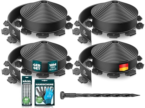 KESSER® Flexible Rasenkante aus Kunststoff Länge 40m Höhe 5cm, mit 260 Erdanker + 4 Paar Handschuhe Beeteinfassung Beetumrandung Beetbegrenzung Mähkante Pflastersteine Palisade - Schwarz