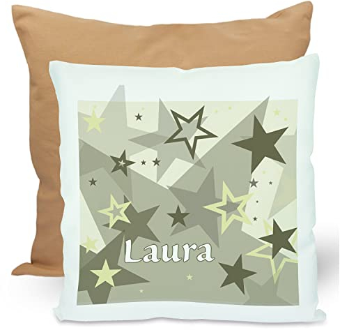CreaDesign, Kinder Kissen 40x40 cm personalisiert mit Namen, Kinderzimmer Deko Kissen Kinder mit Füllung Federn, Motiv Sterne grau beige, Rückenfarbe Beige