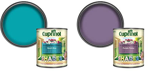 Cuprinol 5159073 Garden Shades Exterior Woodcare, Beach Blue', 1L & 5232364 CUPGSPP1L 1 Litre Garden Shades Paint - Purple Pansy