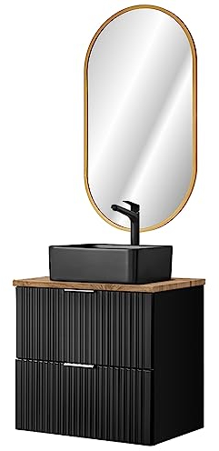 Lomadox Waschplatz Set, 61cm breit, mit schwarzem Aufsatzwaschbecken aus Keramik, gerillte Front, matt schwarz mit Eiche Nb. (1 LED-Spiegel, 1 Waschtisch mit Waschbecken)