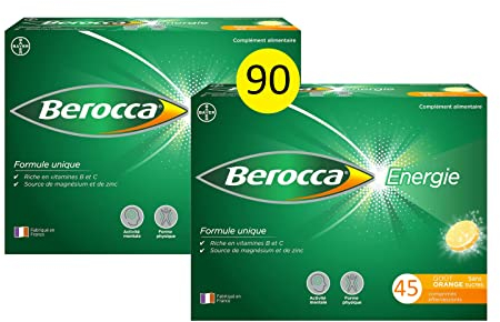 Berocca Energie Orange - Multivitamines et Minéraux - Vitamine C, B3, B5, B1, B12, Calcium, Magnésium et Zinc - Complément alimentaire - Aide à réduire la fatigue - 2x45 comprimés effervescents