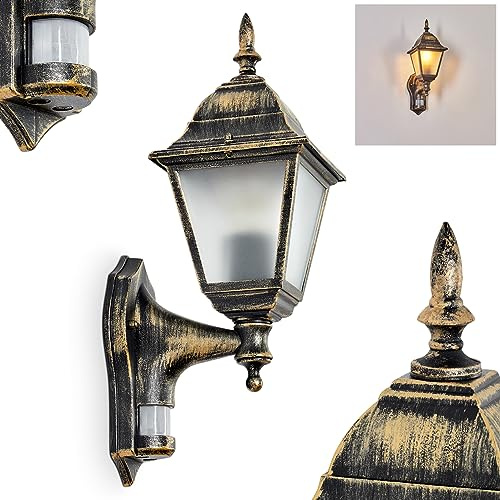 HOFSTEIN Außenwandleuchte Naofe, Außenwandlampe mit Bewegungsmelder aus Metall/Milchglas in Braun-Goldfarben, Wechselscheiben Klar, Wandleuchte im Retro-Stil, E27, IP44, Eingangsbereich, Haustür, Hof