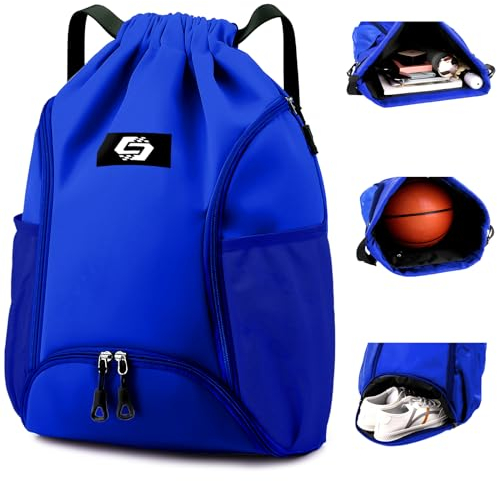 Keyck Sacca Sportiva, Borsa Palestra Impermeabile Zaino Sportivo Coulisse per Uomo Donna, Zaino Palestra con Portascarpe e Scomparto Bagnato, Grande Sacche Borsone Calcio per Spiaggia Viaggio, Blu