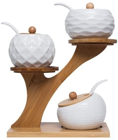 Azucarero Salero Botes Especias Juego De Sazonadores De Especias De Cerámica, Azucarero, Tarro De Almacenamiento Con Cucharas Y Estante Con Tapa De Bambú Para Especias Y Pimienta Frascos Especiarias T