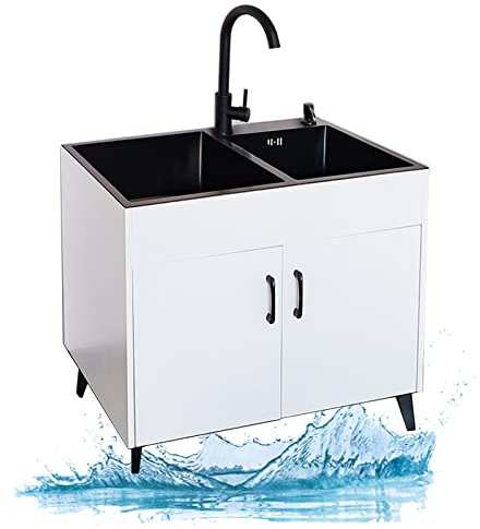 GUYANA Lavelli per Lavanderia, Mobile lavello da Cucina Nero, lavello freestanding in Acciaio Inox a 2 Scomparti, lavabo con Rubinetto Acqua Calda Fredda, Mobile Lavanderia per Garage, RI