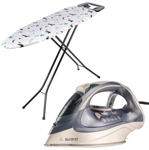 Beldray COMBO-9211 Steam Iron & Ironing Board Set – Powerlite, Ceramic Soleplate, 200g/min Steam Shot, 320ml, Variable Temperature, Compact Ironing Table, Heat Reflective Surface, 110 x 33cm, 3200W