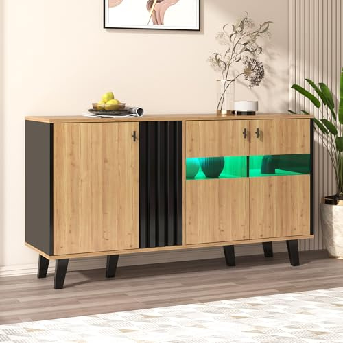 Merax Sideboard mit LED-Licht, Modernen Kommode mit 3 Türen und Glas, TV-Tisch mit viel Stauraum, für Wohnzimmer, Esszimmer & Schlafzimmer, 140x41x78,5cm, Holzfarbe