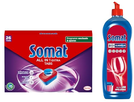 SOMAT Tabs 26 AW all in 1 Extra, Geschirrspül Tabs für strahlende Sauberkeit, bekämpfen selbst eingetrocknete Rückstände + Somat Duo Power Experten Klarspüler 750ml