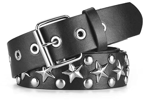 GIMIRO Cinturón punk para mujer, cinturón para vaqueros, cintura para abrigo, cinturón de remache hueco, doble fila de agujeros de estrella, hebilla cuadrada resistente con 2 pines, 3cm x 110cm