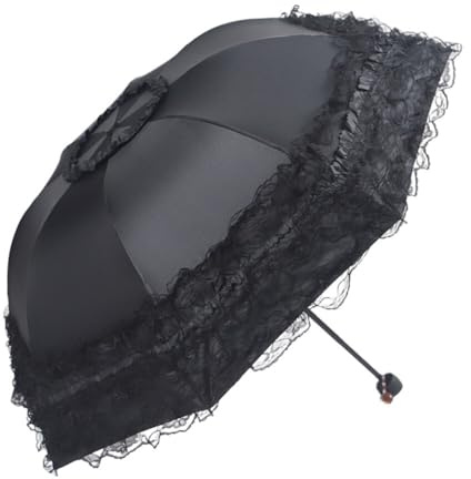 Asudaro Spitze Parasol Regenschirm Hochzeitsschirm Brautschirm Lolita Cosplay Spitze Sonnenschirm Sonne/Regen Mädchen Prinzessin für Parteien, Rollenspiel, täglichen Gebrauch Schwarz
