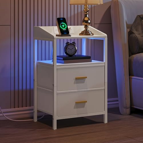 Hzuaneri Nachttisch mit LED-Leuchten und Ladestation, Beistelltisch mit 2 Stoff-Schubladen und Regalen, mit USB-Anschlüssen & Steckdosen, für Schlafzimmer, Wohnzimmer, Weiß NS36113W