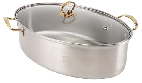 Pentola per Cottura a Vapore Ovale in Acciaio Inossidabile per Cucinare Pesci di Grandi Dimensioni con Coperchio in Vetro, Piastra in Ceramica, Griglia, Mandrino, Manico