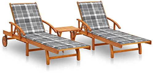 HEFZGDB Sonnenliegen 2 STK. mit Tisch und Auflagen Massivholz Akazie Feldbett Gartenliege Strandkorb Geeignet für Pool, Terrasse, Garten.