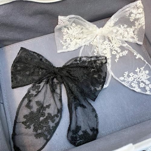 CELLIFEZY 2PCS Large Lace Hair Bow Clips for Women Drape Bow Translucent Mesh Bow Barrette Hair Accessories for Girls Women (Black+White)