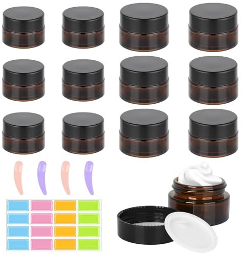 12Pcs Brown Glass Cosmetic Tinted Jars with Spoon and Sticker - 20ml/30ml Mini Round Amber Sample Container With Lids for Powder Lotion Creams