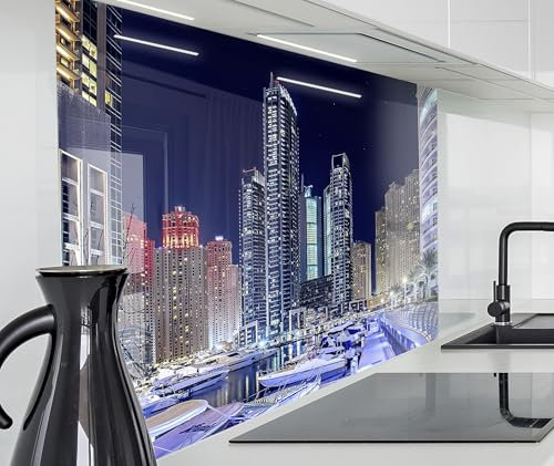 timalo Spritzschutz Wand für Herd, Küche Küchenrückwand Glasoptik | Acryl Glas 2mm | Glasrückwand Acrylglas Wandpaneele Rückwandschutz Platte | 60x60cm Dubai Stadt Nacht