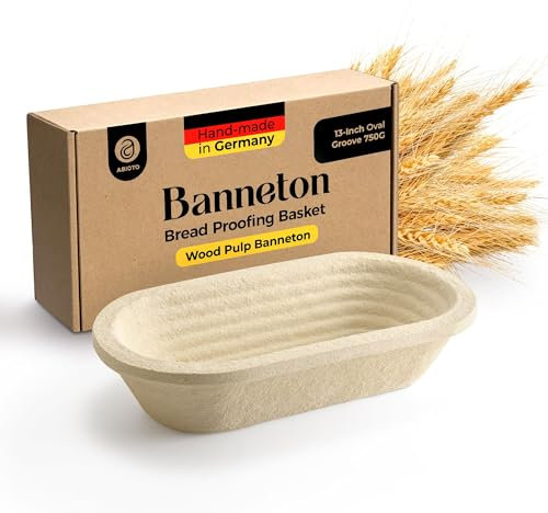 12.75 Oblong Wood Pulp Banneton Bread Proofing Basket – 1.5LB Brotform, Grooved Pattern– Non-Stick Natural Wood Pulp Pressed for Durability– Made in Germany Proofing Basket for Sourdough Bread Baking